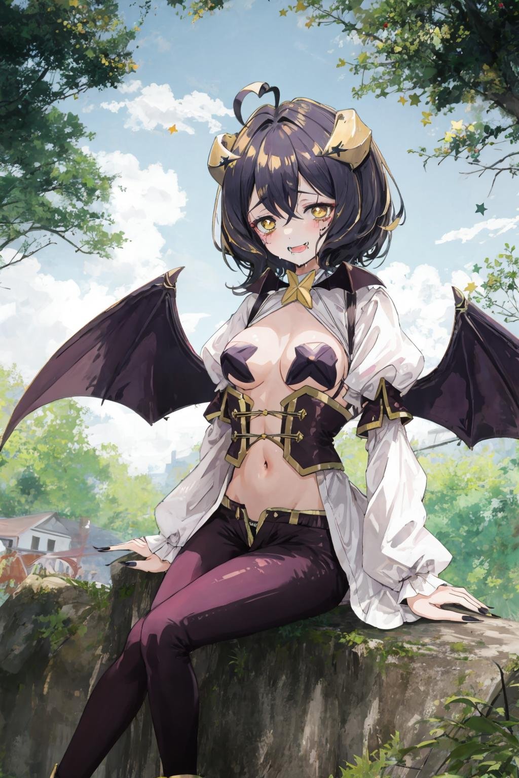 magiabaiser, short hair, black hair, ahoge, bangs, hair between eyes, demon horns, yellow eyes, symbol-shaped pupils, wings, black nails, corset, long pants, lowleg pants, puffy sleeves, navel, star pasties, smile, drooling, sitting, forest <lora:magia_baiser-000003:1>