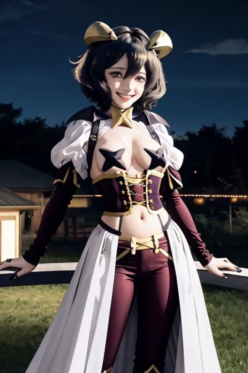 magiabaiser, short hair, black hair, ahoge, bangs, hair between eyes, demon horns, yellow eyes, symbol-shaped pupils, wings, black nails, corset, long pants, lowleg pants, puffy sleeves, navel, star pasties, smile, lying, night, sky <lora:magia_baiser-000003:1>