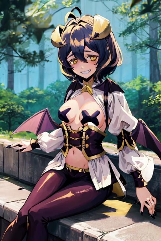 magiabaiser, short hair, black hair, ahoge, bangs, hair between eyes, demon horns, yellow eyes, symbol-shaped pupils, wings, black nails, corset, long pants, lowleg pants, puffy sleeves, navel, star pasties, grin, sitting, forest <lora:magia_baiser-000003:1>