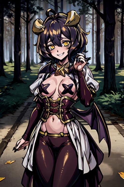 magiabaiser, short hair, black hair, ahoge, bangs, hair between eyes, demon horns, yellow eyes, symbol-shaped pupils, wings, black nails, corset, long pants, lowleg pants, puffy sleeves, navel, star pasties, grin, lying, forest <lora:magia_baiser-000003:1>