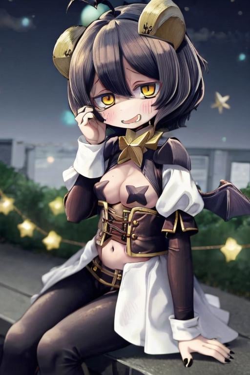 magiabaiser, short hair, black hair, ahoge, bangs, hair between eyes, demon horns, yellow eyes, symbol-shaped pupils, wings, black nails, corset, long pants, lowleg pants, puffy sleeves, navel, star pasties, smile, drooling, sitting, night, sky <lora:magia_baiser-000003:1>