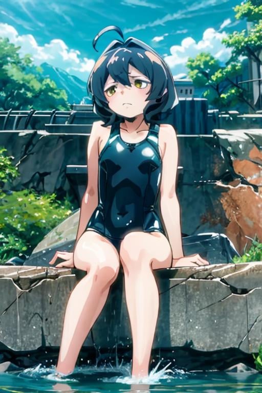 hiiragiutena, short hair, black hair, ahoge, yellow eyes, swimsuit, sad, sitting, forest, river <lora:hiiragi_utena-000003:1>