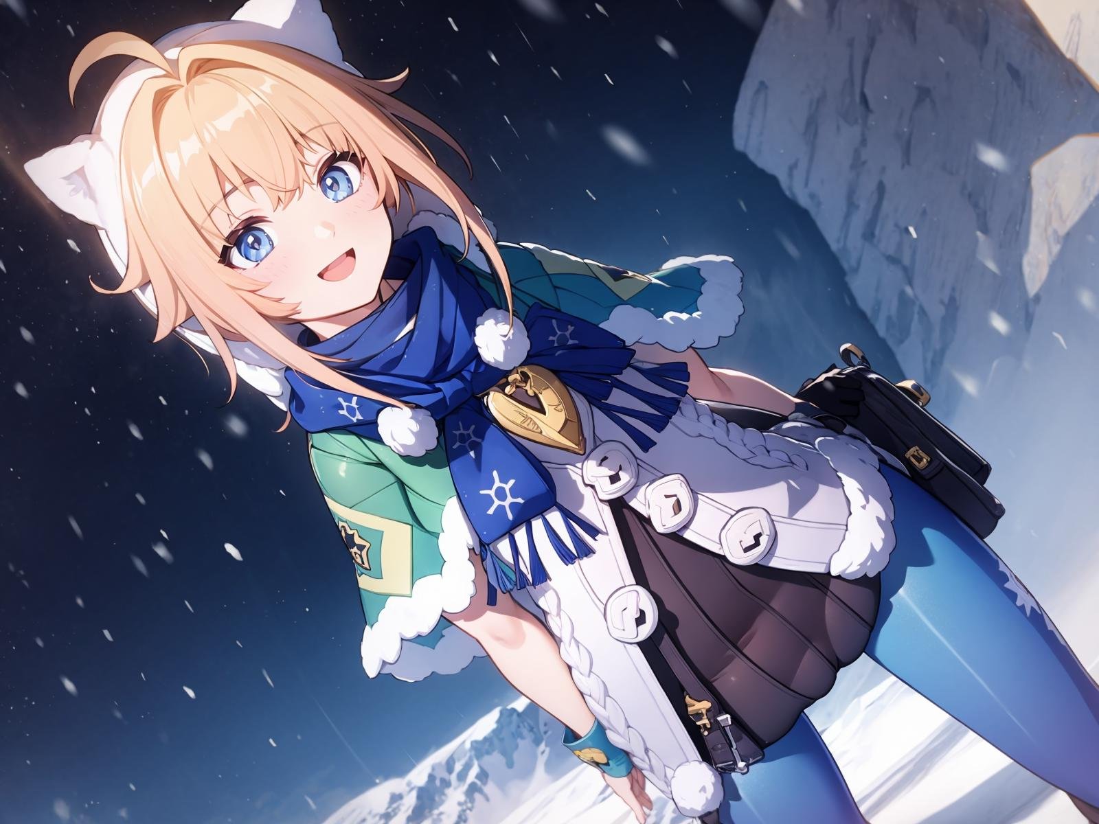 (extremely detailed CG), (best quality), 1girl, perfect face, absurdly long hair, bright pupils, (finely detailed beautiful eyes), shiny skin, lustrous skin, wide hips, narrow waist, Lynx Landau, scarf, fur trim, winter clothes, fur-trimmed capelet, print pantyhose, pom pom (clothes), backpack, fur-trimmed boots, white headwear, panoramic view, mountainous horizon, snowing,  :d<lora:LynxLandau:0.7>