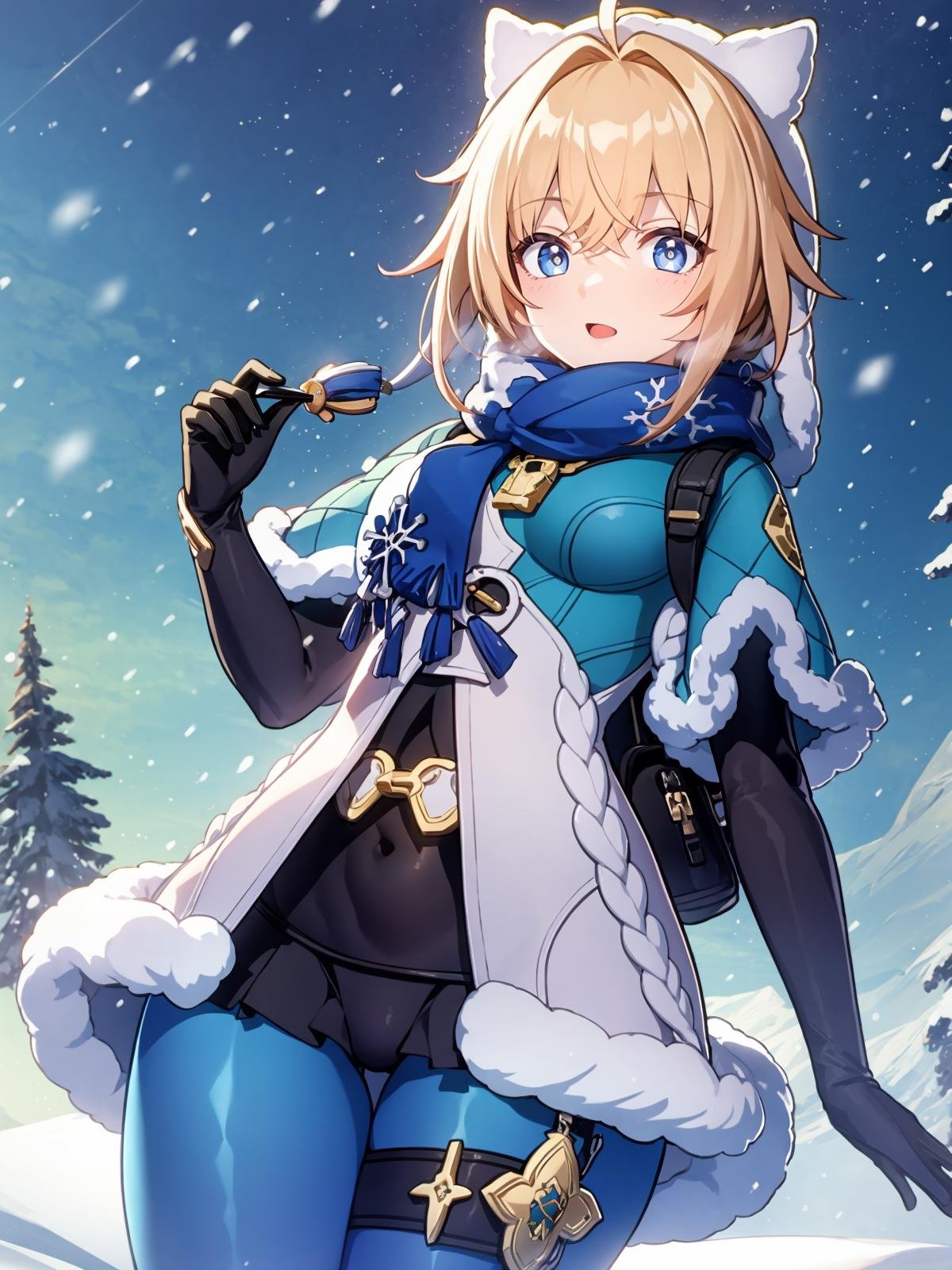 (extremely detailed CG), (best quality), 1girl, perfect face, absurdly long hair, bright pupils, (finely detailed beautiful eyes), shiny skin, lustrous skin, wide hips, narrow waist, Lynx Landau, scarf, fur trim, winter clothes, fur-trimmed capelet, print pantyhose, pom pom (clothes), backpack, fur-trimmed boots, white headwear, panoramic view, mountainous horizon, snowing,  <lora:LynxLandau:0.7>