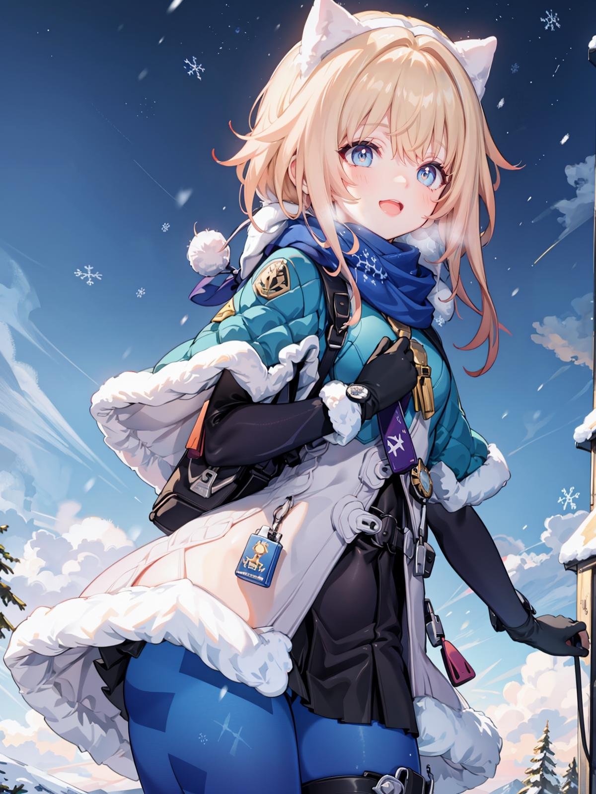 (extremely detailed CG, best quality:1.1), 1girl, perfect face, bright pupils, (finely detailed beautiful eyes:1.1), wide hips, narrow waist, scarf, fur trim, winter clothes, fur-trimmed capelet, print pantyhose, pom pom (clothes), backpack, fur-trimmed boots, elbow gloves, cowboy shot, small breasts, snowing,  :d,cowboy shot, from side, <lora:LynxLandau:0.8>