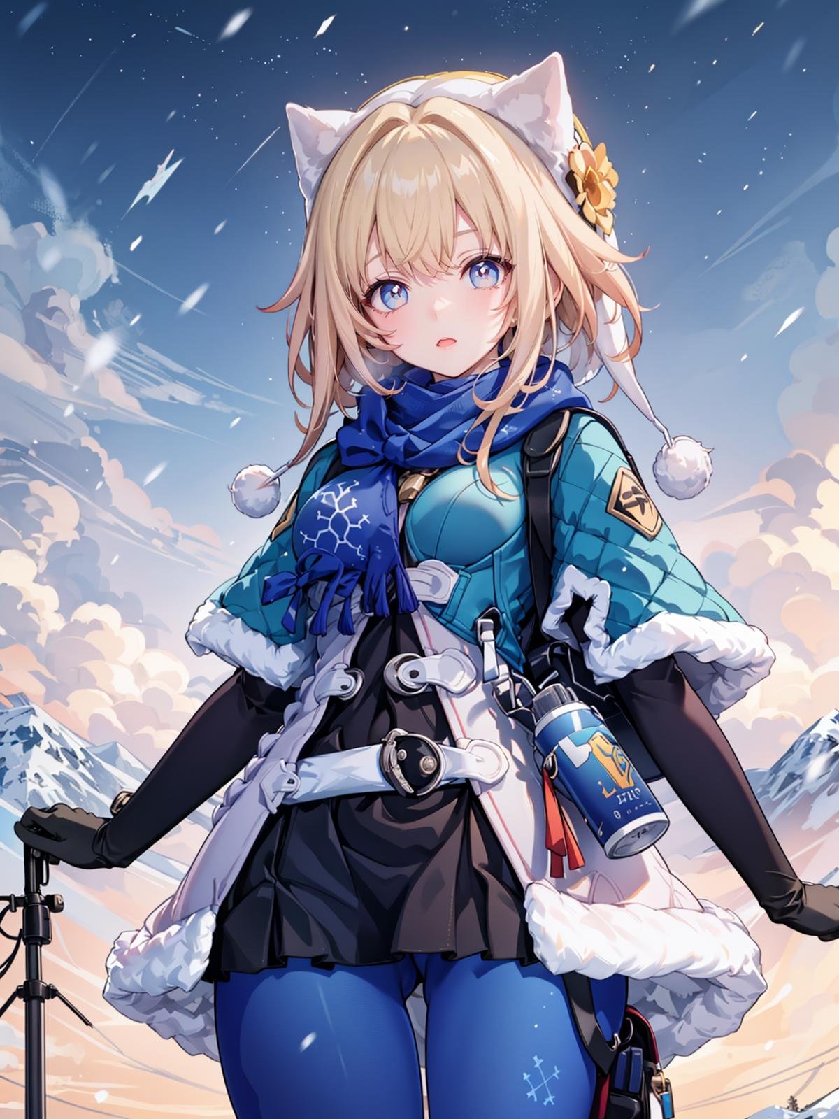 (extremely detailed CG, best quality:1.1), 1girl, perfect face, bright pupils, (finely detailed beautiful eyes:1.1), wide hips, narrow waist, scarf, fur trim, winter clothes, fur-trimmed capelet, print pantyhose, pom pom (clothes), backpack, fur-trimmed boots, elbow gloves, cowboy shot, small breasts, snowing,  <lora:LynxLandau:0.8>