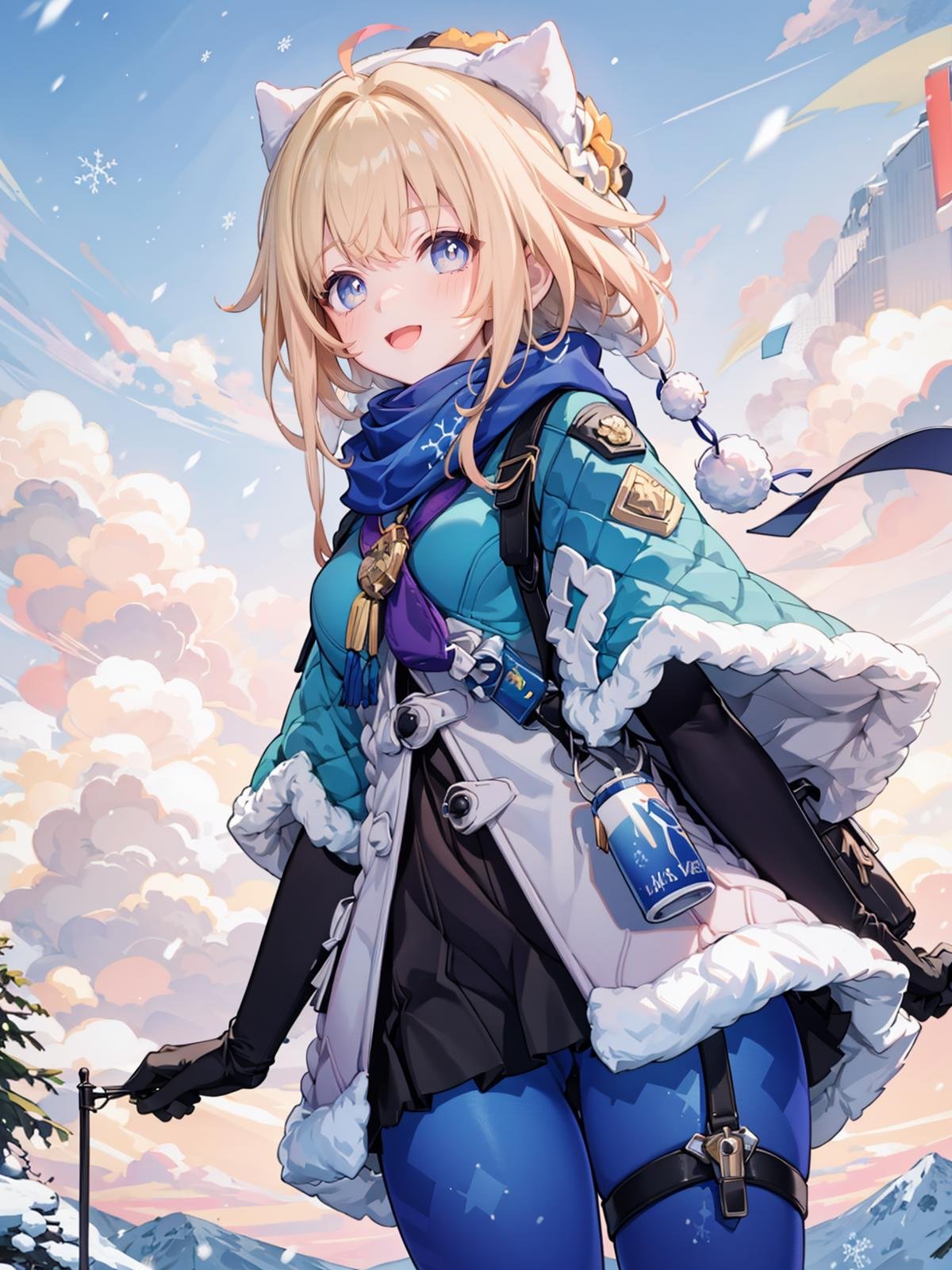 (extremely detailed CG, best quality:1.1), 1girl, perfect face, bright pupils, (finely detailed beautiful eyes:1.1), wide hips, narrow waist, scarf, fur trim, winter clothes, fur-trimmed capelet, print pantyhose, pom pom (clothes), backpack, fur-trimmed boots, elbow gloves, cowboy shot, small breasts, snowing,  :d,cowboy shot, from side, <lora:LynxLandau:0.8>