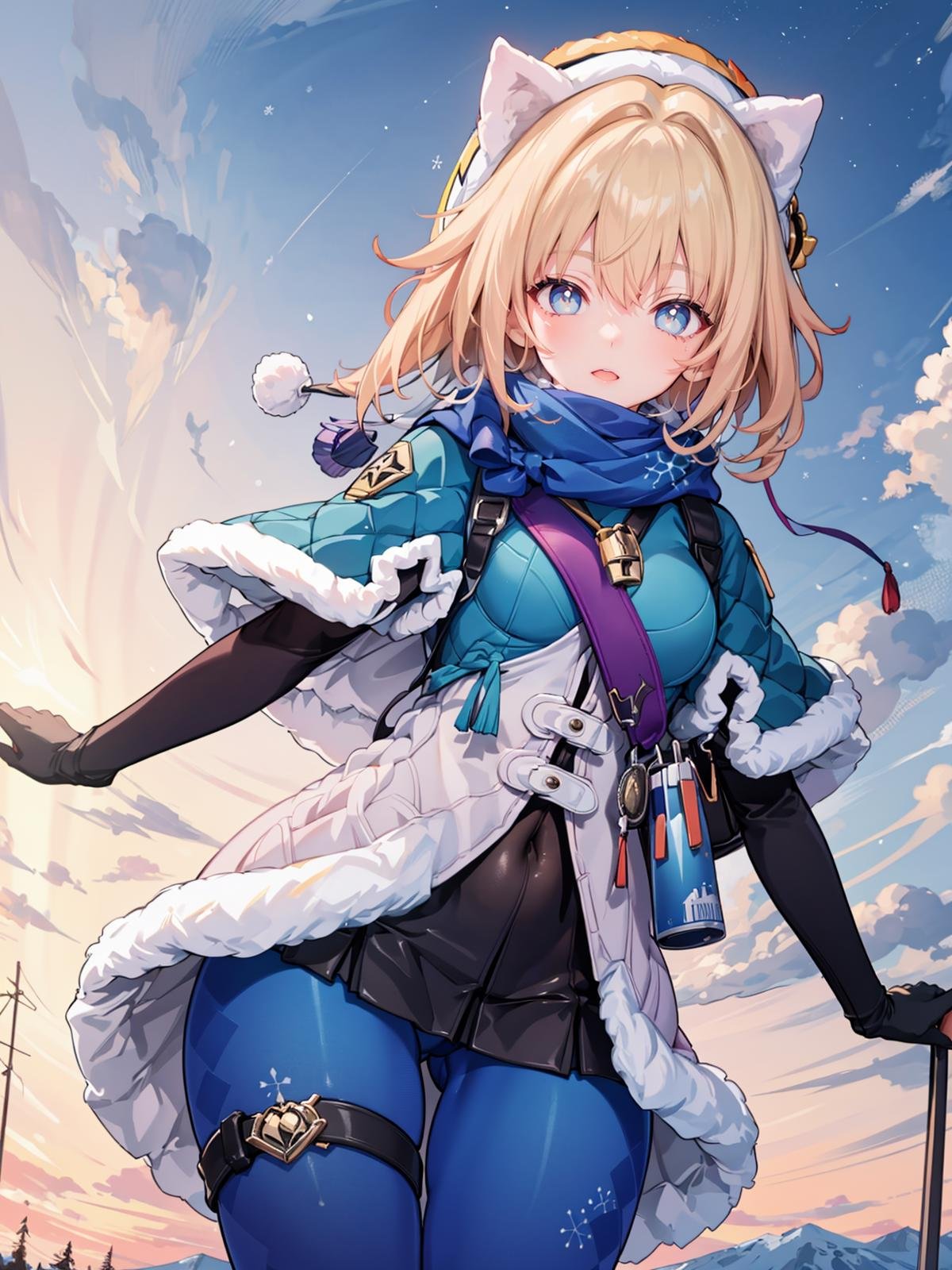 (extremely detailed CG, best quality:1.1), 1girl, perfect face, bright pupils, (finely detailed beautiful eyes:1.1), wide hips, narrow waist, scarf, fur trim, winter clothes, fur-trimmed capelet, print pantyhose, pom pom (clothes), backpack, fur-trimmed boots, elbow gloves<lora:LynxLandau:0.8>