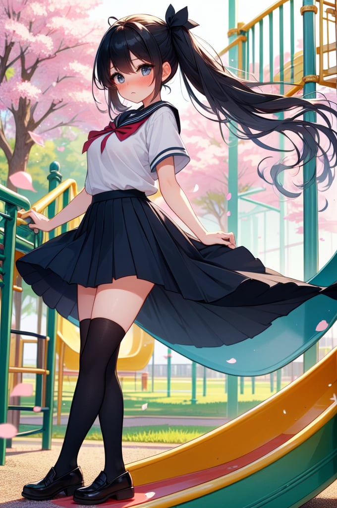 (((masterpiece))),  (((best quality))),  full body,  side view,  girl on park slide in playground,  big tits,  school uniform,  pleated skirt,  stockings,  black twintail,  ribbon,  frown,  shy,  blush,  petal,  wind,<lora:EMS-245650-EMS:1.000000>