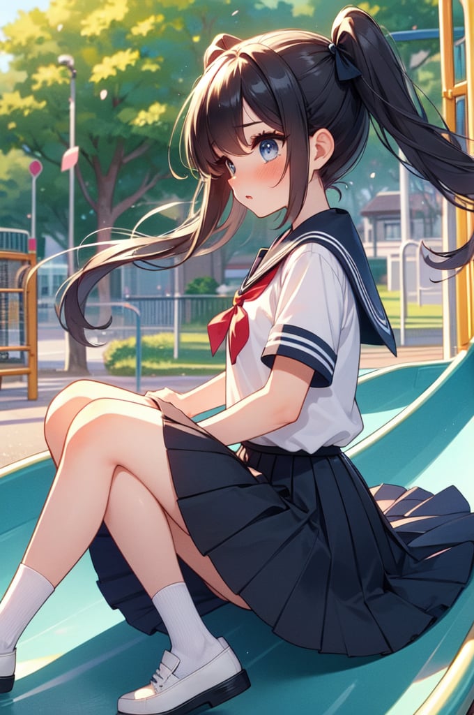 2.5d illustration,  anime style,  ultra details background,  profile,  medium shot,  full body,  side view,  slide in park playground,  school uniform,  pleated skirt,  legs,  black twintail,  ribbon,  off sleeves,  pretty,  beautiful,  summer,  frown,  in love,  rosy lips,  eyes makeup,  shy,  blush,  mature,  petal,  wind, park slide,<lora:EMS-245650-EMS:0.800000>