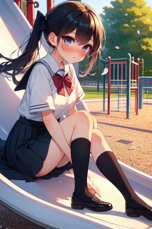 (((masterpiece))),  (((best quality))),  full body,  side view,  girl sitting on park slide in playground,  big tits,  school uniform,  pleated skirt,  stockings,  black twintail,  ribbon,  frown,  shy,  blush,  petal,  wind,<lora:EMS-245650-EMS:1.000000>