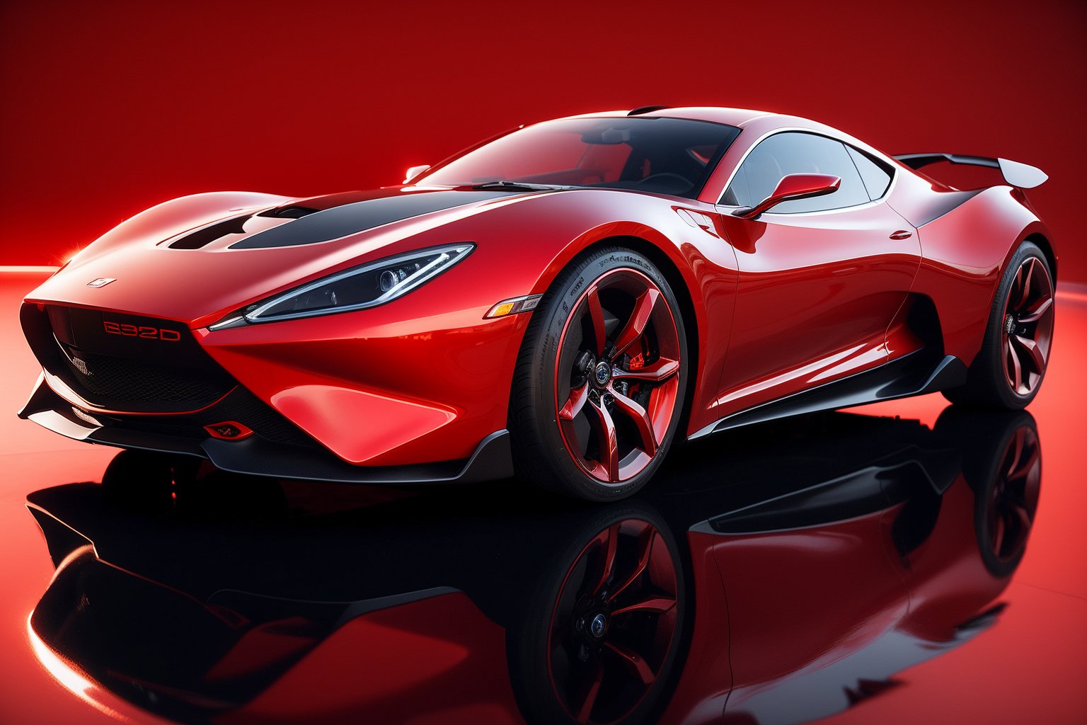 A 3D rendered car,Red car paint,Futuristic sports car, concept car, streamlined design, evanescent surface,high quality, high resolution,Red gradient background