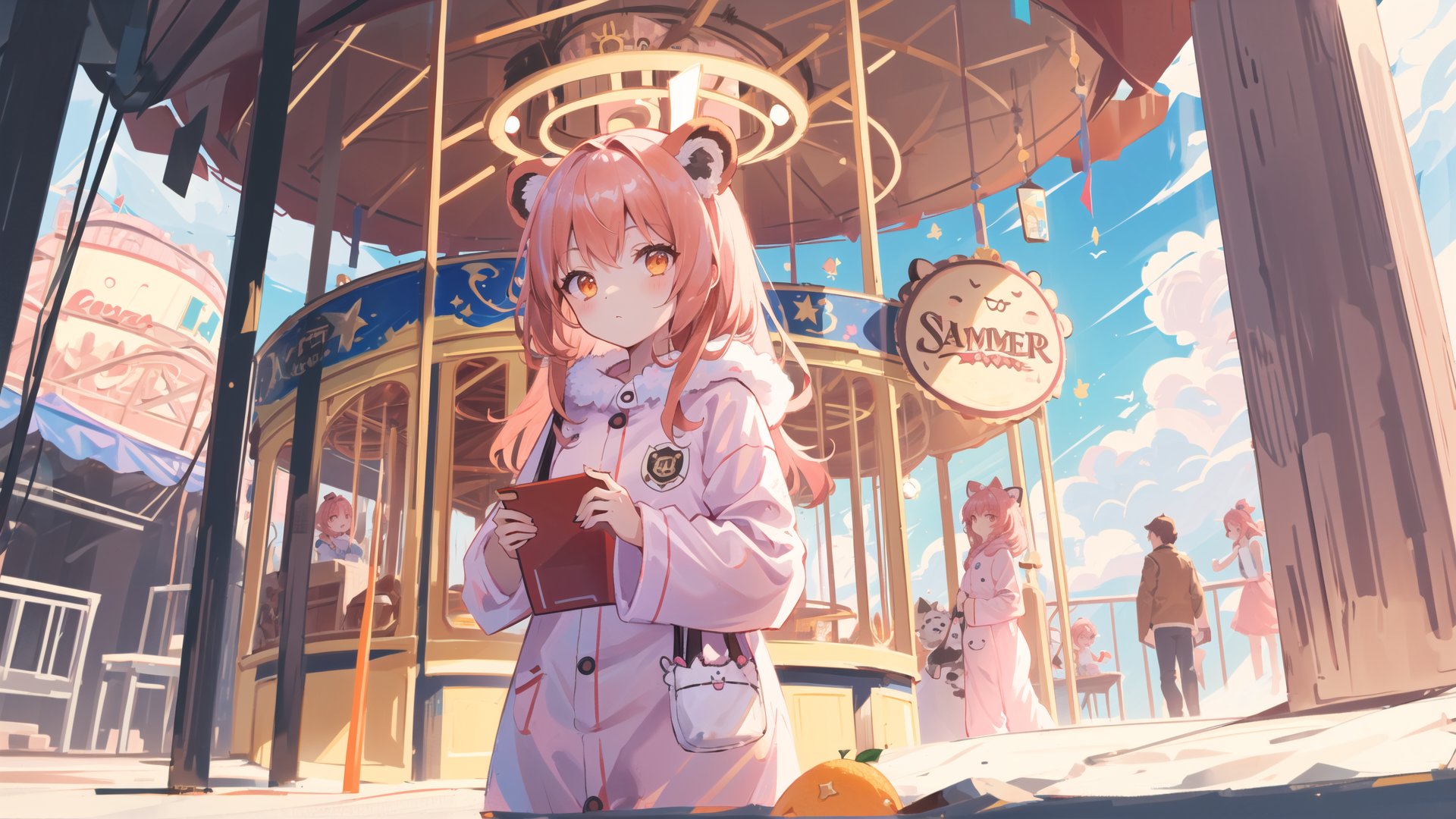 mousepad \(medium\),deep light and shadow, - theme, first-person view,
amusement park carousel ferris_wheel,a girl wearing a fluffy animal kigurumi pajamas ,
orange eyes,pink hair,
Summoner costume,
in summer,looking to the side,
masterpiece, best quality, ultra detailed,