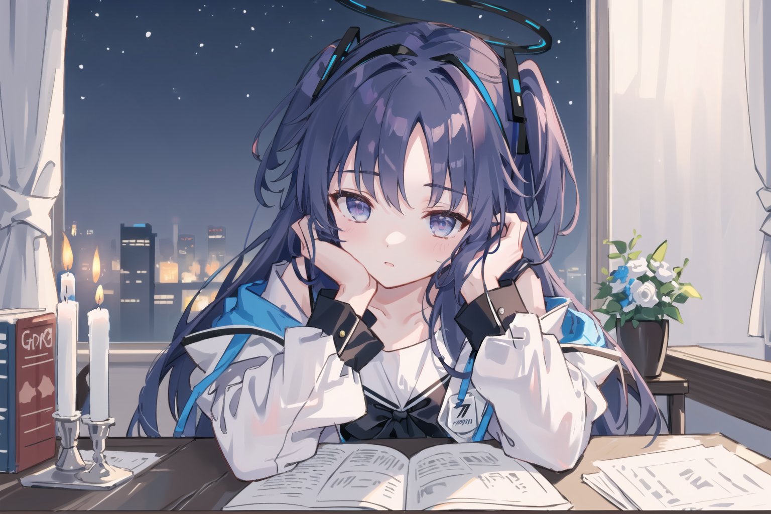 extremely detailed CG unity 8k wallpaper, masterpiece, best quality, ultra-detailed, an extremely delicate and beautiful, night, dark, dim candlelight, candle, messy study room, many books, grimoire, book stock, magic girl, sleepy, head rest, black robe, vase, finely detail,
1girl,bangs,black hair,blue eyes,blue hairband,brown cardigan,halo,white serafuku,white skirt, yuukadef