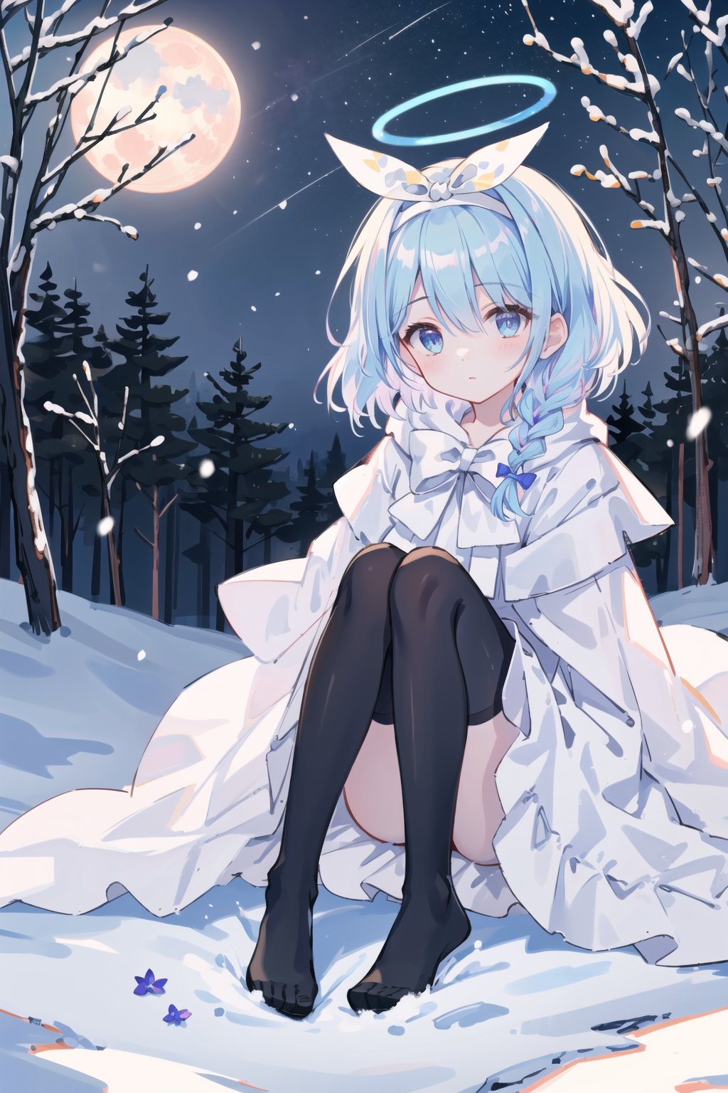  best quality,masterpiece,lighting,flowers,original,extremely detailed CG unity 8k wallpaper,an extremely delicate and.png,detailed sky,detailed face,detailed lavender eyes,very long silver hairs,wind,(1 girl),cute,snow,forest,nebula,stars,blue full moon,white transparent pantyhose,wedding dress,night,sitting,long sleeves,universe,snow field,full body,
arona,white hairband, bow hairband, halo, short hair, single braid