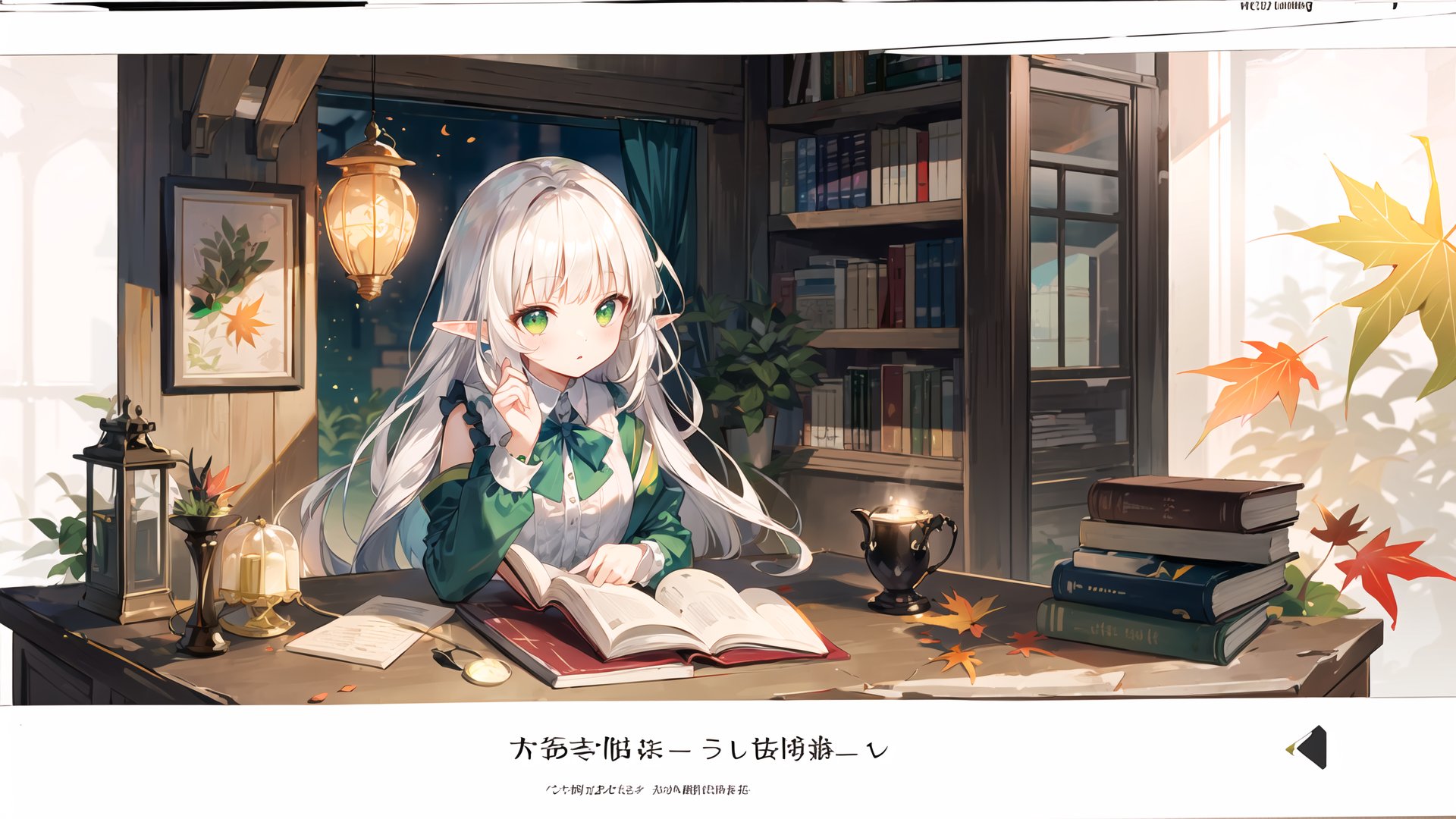  [(white background:1.4)::5], (outside border:1.4), 
elf, 1girl, solo, upper body, chibi,
green eyes, (white hair), long hair, (blunt bangs), floating hair, green gradient hair,
frilled shirt, black bowtie, long sleeves,
table, sitting behind table,
indoors, wooden wall, open window, oil lamp, shelf, bookshelf, flask, bottles, open book, feather,
autumn, sunlight,