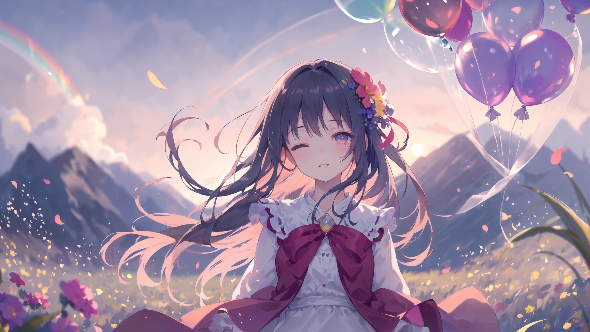 masterpiece,best quality,high detailed,1girl, solo,, smile, eyes closed, parted lips, arms out, outside, balloon, bonquet, cloud, sunset, mountains, grass, flowers, petals, (wind), breeze, rainbow,bubbles of imagination and fantasy, dim light, dreamy atmosphere,(depth of field, blurry, blurry background, bokeh:1.2)