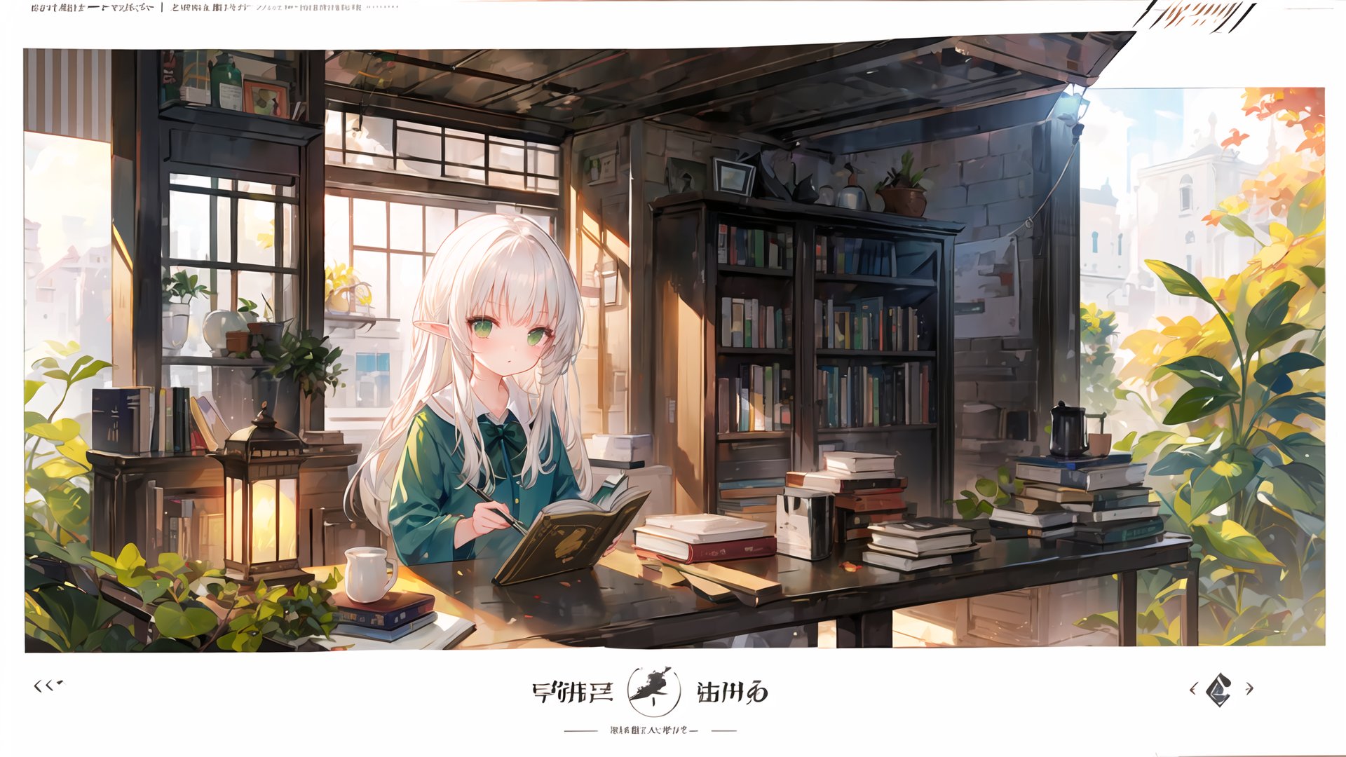  [(white background:1.4)::5], (outside border:1.4), 
elf, 1girl, solo, upper body, chibi,
green eyes, (white hair), long hair, (blunt bangs), floating hair, green gradient hair,
frilled shirt, black bowtie, long sleeves,
table, sitting behind table,
indoors, wooden wall, open window, oil lamp, shelf, bookshelf, flask, bottles, open book, feather,
autumn, sunlight,