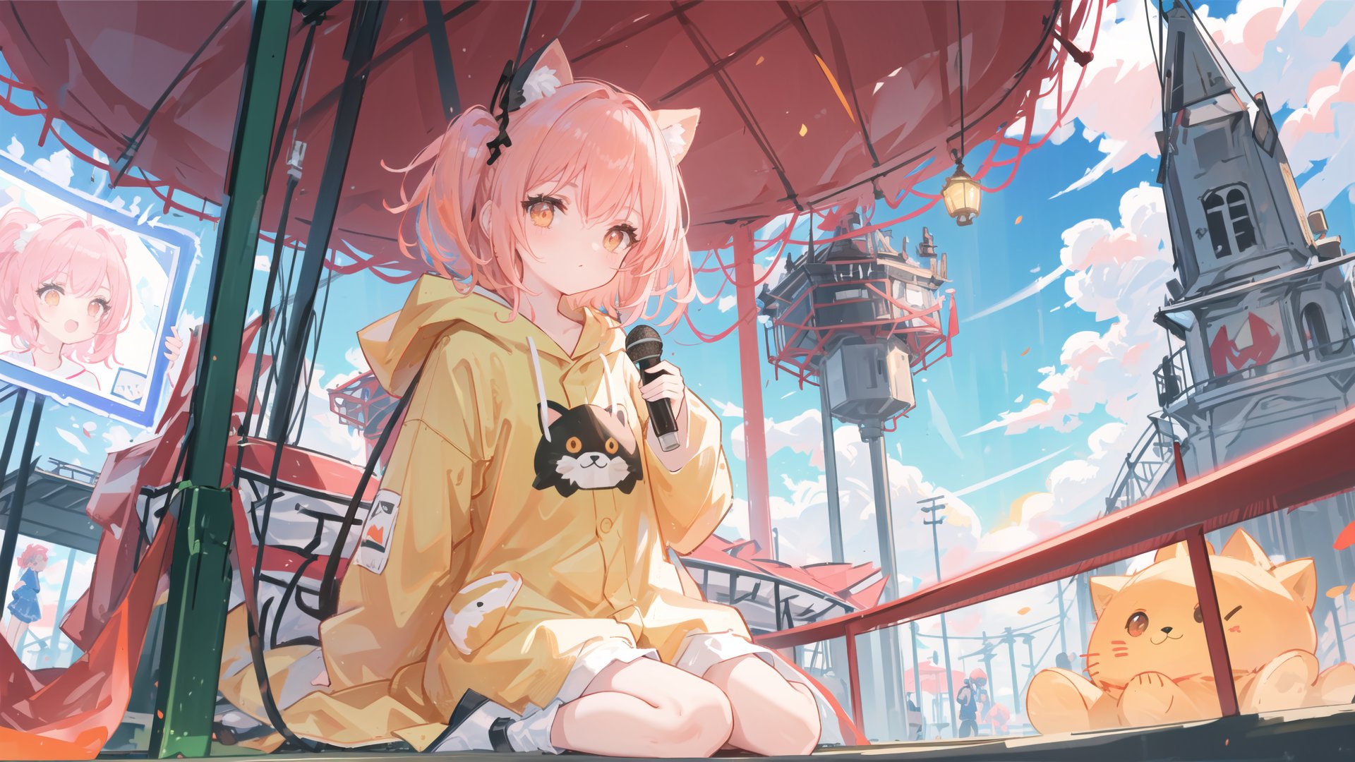  mousepad \(medium\),deep light and shadow, - theme, first-person view,
amusement park carousel ferris_wheel,a girl wearing a fluffy animal kigurumi pajamas ,
orange eyes,pink hair,
Summoner costume,
in summer,looking to the side,
masterpiece, best quality, ultra detailed,