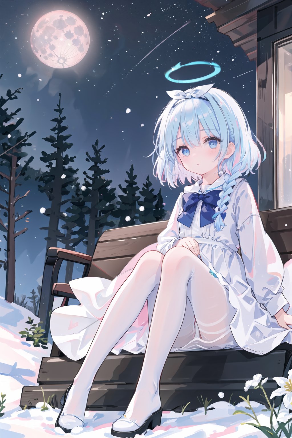  best quality,masterpiece,lighting,flowers,original,extremely detailed CG unity 8k wallpaper,an extremely delicate and.png,detailed sky,detailed face,detailed lavender eyes,very long silver hairs,wind,(1 girl),cute,snow,forest,nebula,stars,blue full moon,white transparent pantyhose,wedding dress,night,sitting,long sleeves,universe,snow field,full body,
arona,white hairband, bow hairband, halo, short hair, single braid