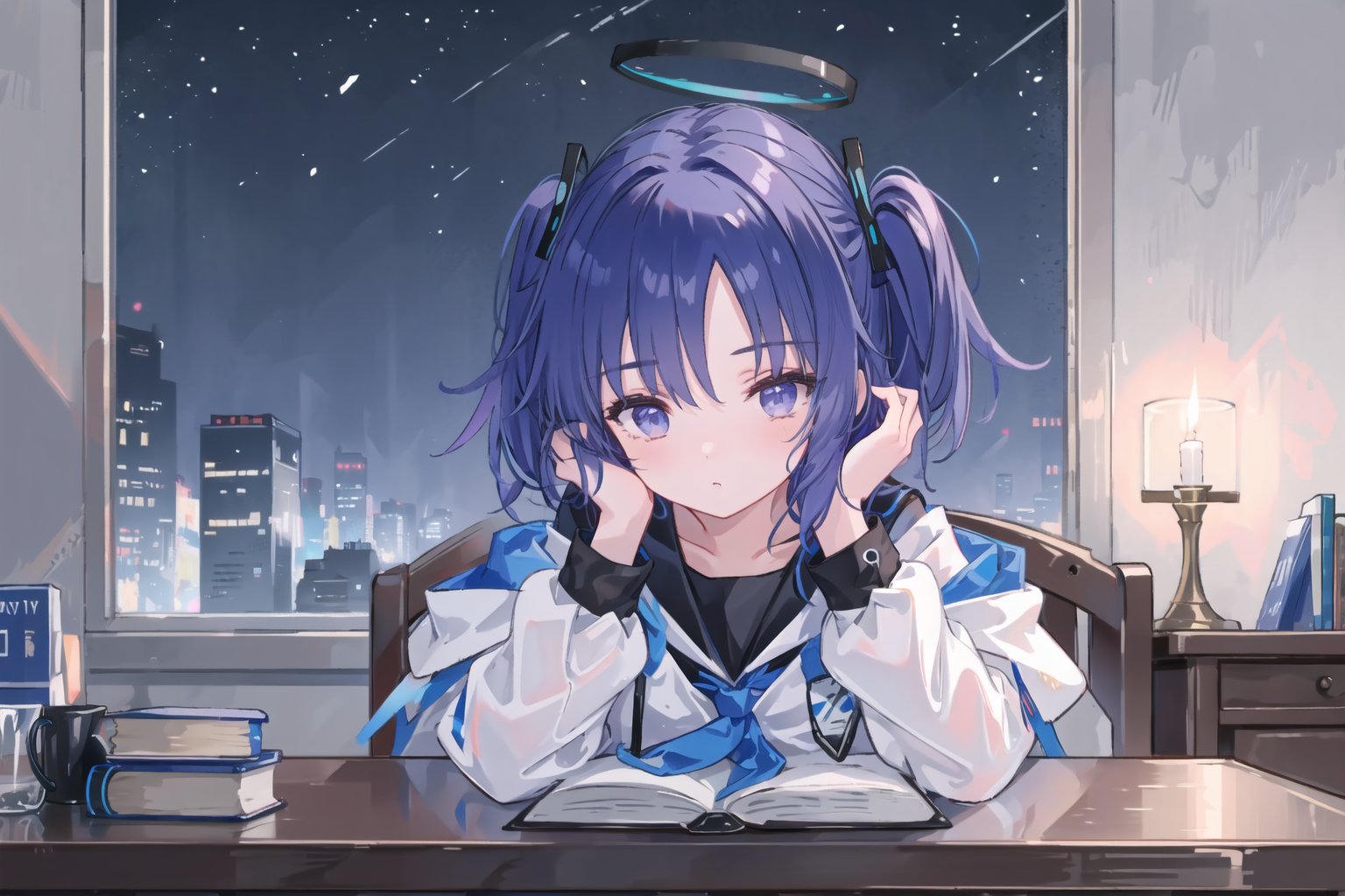  extremely detailed CG unity 8k wallpaper, masterpiece, best quality, ultra-detailed, an extremely delicate and beautiful, night, dark, dim candlelight, candle, messy study room, many books, grimoire, book stock, magic girl, sleepy, head rest, black robe, vase, finely detail,
1girl,bangs,black hair,blue eyes,blue hairband,brown cardigan,halo,white serafuku,white skirt, yuukadef