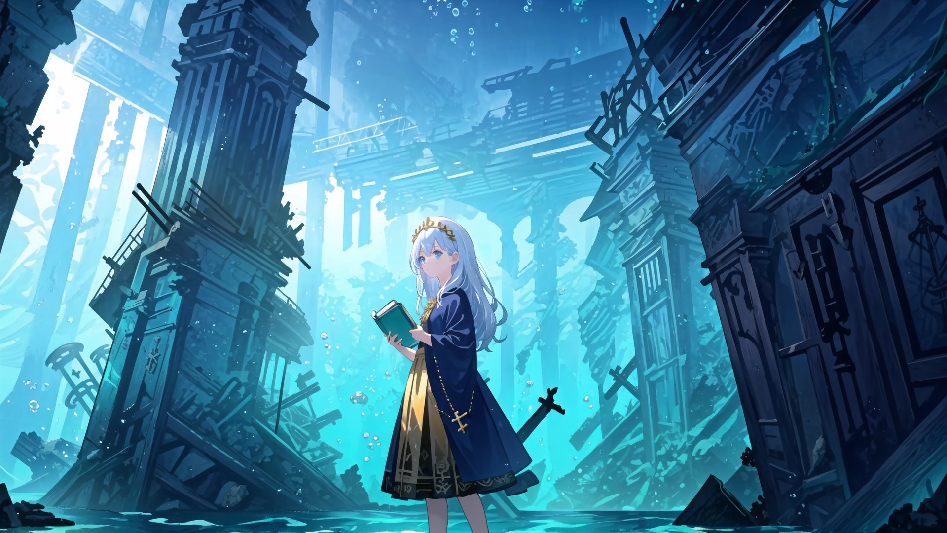 双击复制
(Underwater, underwater church, jellyfish:1.25),(Highest picture quality), ((masterpiece)), (very fine CG), (detailed eye description), ((8K wallpaper), Notre-Dame de Paris, ((Holding a trident, Poseidon, underwater wreck, Shipwreck ruins underwater, underwater palace ruins)), (golden jellyfish head), long hair, slightly curled hair tail, blue eyes, white Phnom Penh Lolita, gold skirt, (detailed face description), gorgeous platinum headdress, exquisite church interior, notes, fluttering white notes, ((the girl holding a book in the hand)),(the Bible)