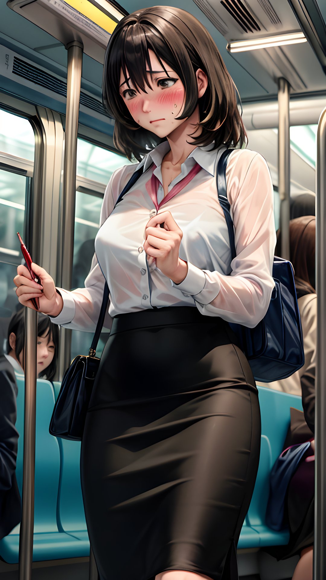 (masterpiece, best quality:1.1), intricate details,(sweating, blush, embarrassed: 1.1)   ,pencil skirt   , sheer Clothing, in the train  , ( passengers, commuters : 1.2 )  , 
natsukawa_machiko