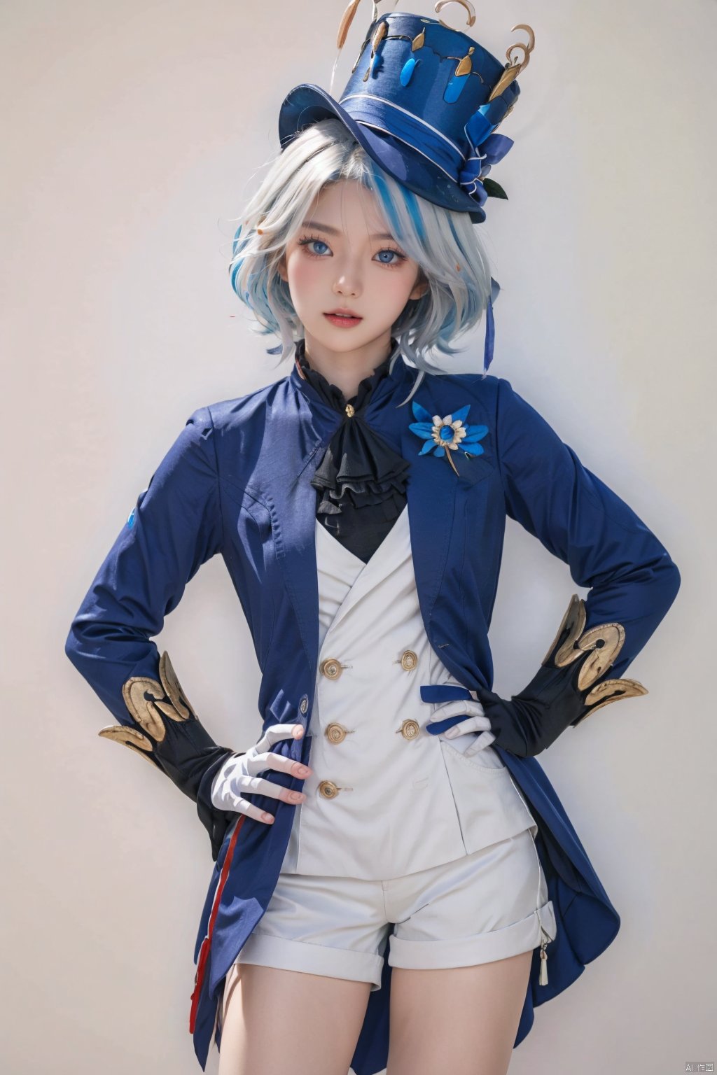 standing,  hand on hip,  looking at viewer,  fln,  1girl,  blue eyes,  gloves,  hat,  white shorts,  blue hair,  multicolored hair,  ahoge,  white hair,  streaked hair,  yunqing,<lora:EMS-47916-EMS:0.400000>,<lora:EMS-30234-EMS:0.400000>,<lora:EMS-238827-EMS:0.600000>