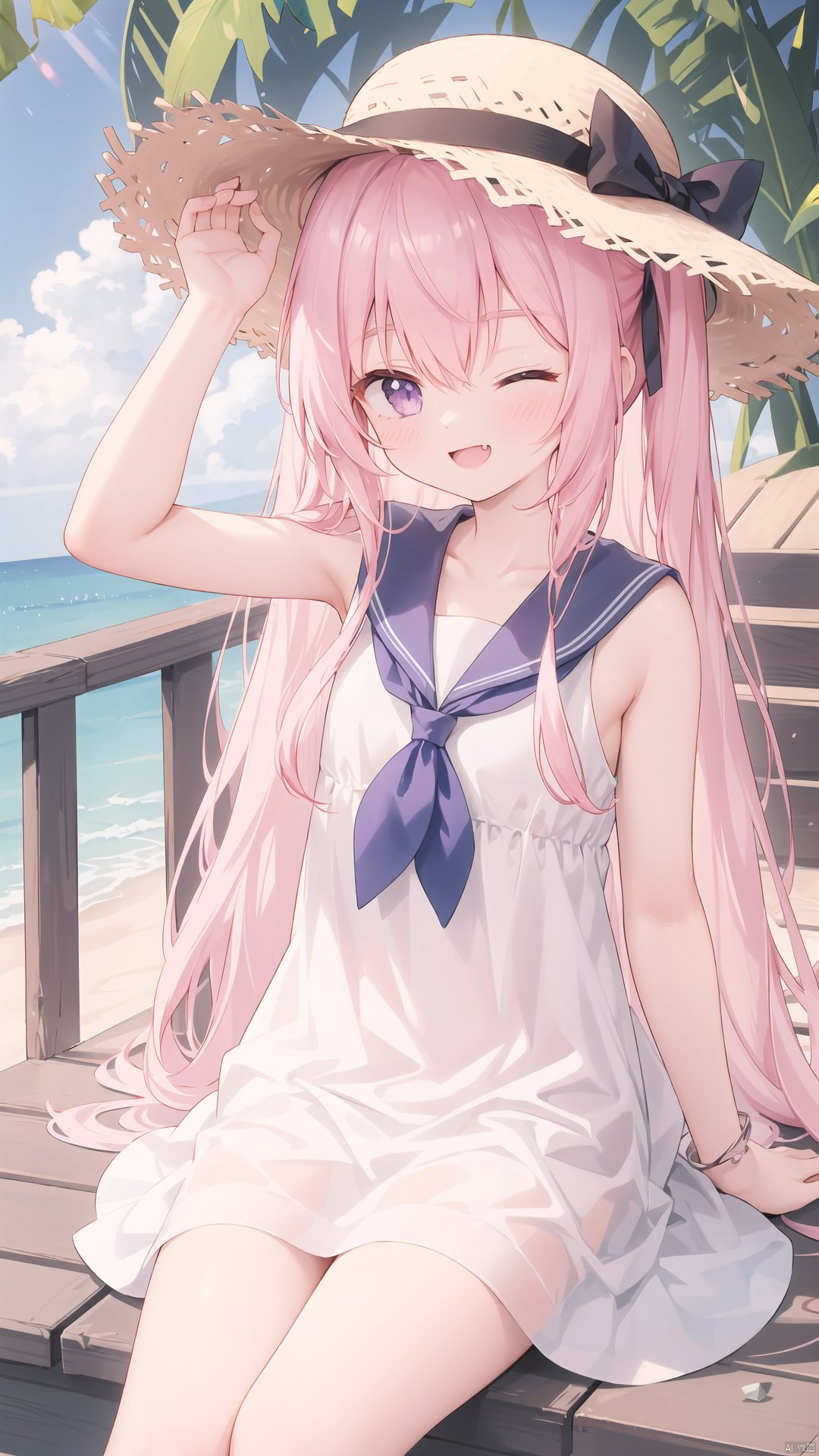  (very long hair,cowboy shot,4349,4349,4349:1),1girl,dress,one eye closed,pink hair,solo,long hair,sleeveless dress,hat,sitting,purple eyes,white dress,sailor collar,sleeveless,sailor dress,smile,looking at viewer,fang,outdoors,arm up,collarbone,;d,blue sailor collar,bangs,very long hair,bare shoulders,headwear removed,straw hat,two side up,hat removed,cup,sunlight,