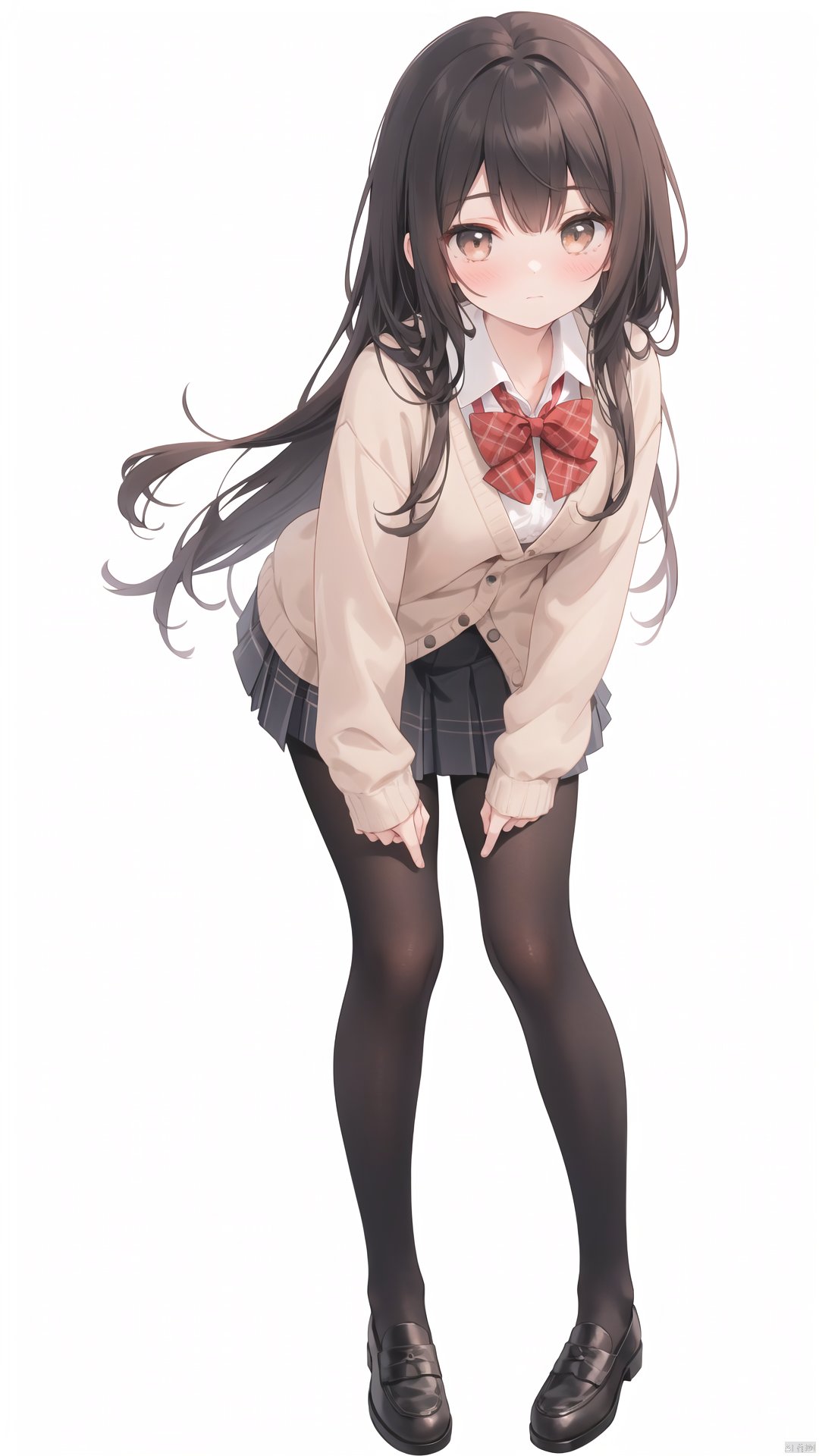 1girl, solo, pantyhose, skirt, long hair, loafers, shoes, simple background, school uniform, brown eyes, plaid, black pantyhose, plaid skirt, looking at viewer, black hair, pantyhose pull, full body, clothes pull, black footwear, pleated skirt, leaning forward, bangs, long sleeves, bent over, cardigan, bow, bowtie, standing, closed mouth, pulled by self, grey background, blush, miniskirt, red bow, sweater, undressing, backlight, panties under pantyhose