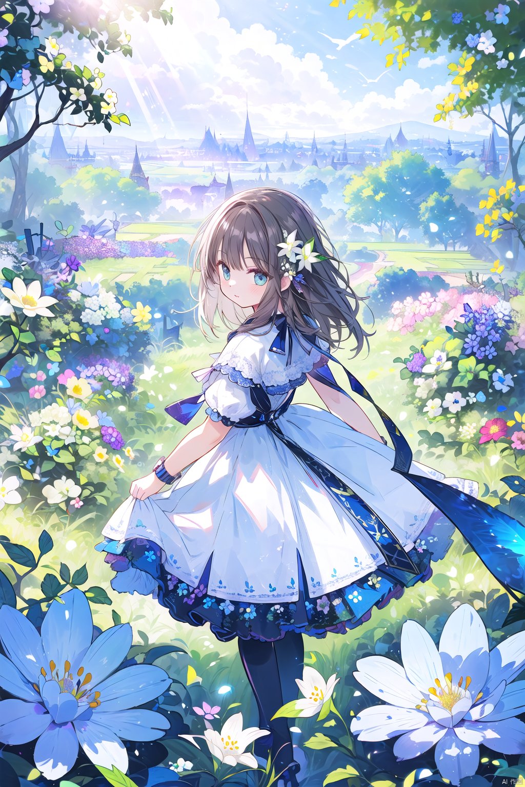 (official art, 8k wallpaper, ultra detailed, High quality, best quality),white flowers,1girl,from above,bird's-eye_view,vintage filter,among flowers,backlight,limited_palette,white,field s of flowers,