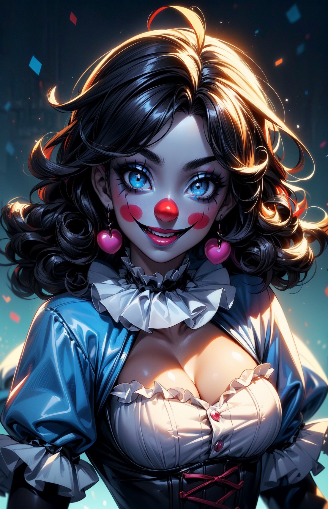 ((medium black-hair:1.3))), (curly_hair_style:1.4), ((light blue eyes)), (dark skin) ((1 mature woman)), (busty), large breasts, best quality, extremely detailed, HD, 8k, ((white face, clown_makeup:1.2)))), (crazy smile), ((psycho face)), ,1 girl, (gothic_lolita clothes)