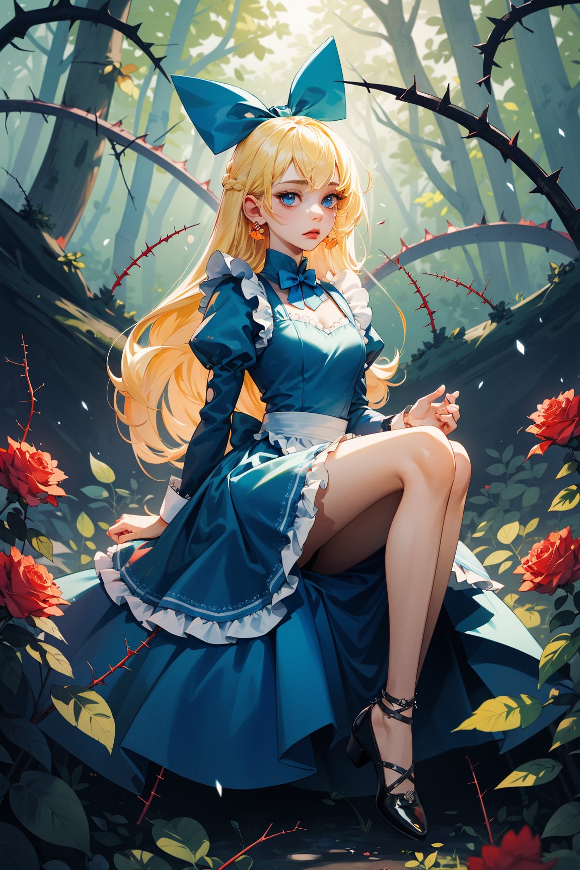 (masterpiece, best quality, highres:1.3), ultra resolution image, (1girl), (solo), light yellow hair, light blue eyes, AliceWonderland, blue bow on her head, black bows in her hair, blue maid's dress with black bows, blue shoes, very_long_hair, In the background a forest, strangled, tied and rolled with thorns of red roses, with painful and bleeding arms and legs, looking down, with a lost gaze, clothes torn by the thorns, clothes with blood from the wounds, stop, with her arms raised, torn dress, hurt, wounded, stopped, tangled with thorns of roses