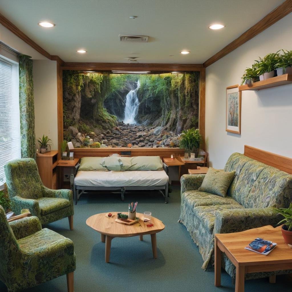 woodland, rock formation,train station,school of fish,waterlogged path BREAK <lora:grsw:1>grsw hospital patient room, closet organizers,cutting board,desk,cups/glasses,sofa, hardwood,jacquard weave tapestry, fire pit, downlighting