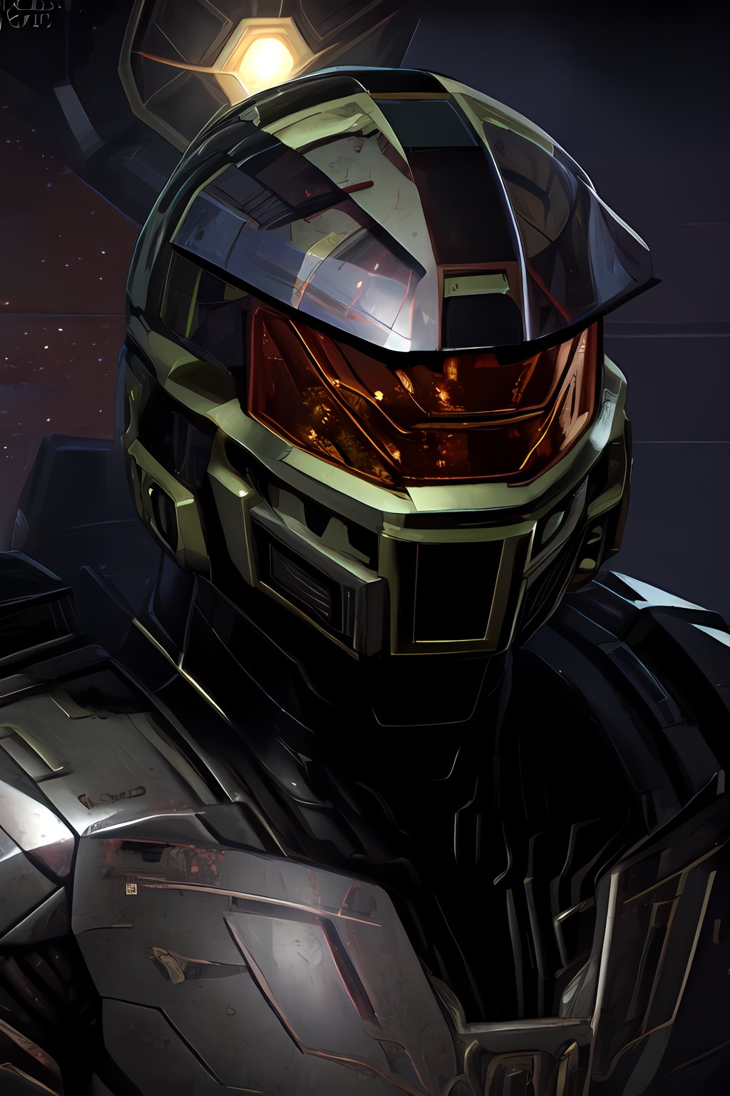 black Halo armor, arcadia armor, halo helmet, gold visor, close up of the head, visor reflection of a galaxy, ultra realistic lights, ultrarealistic shadows, thick neck, ultra detailed armor,<lora:659111690174031528:1.0>