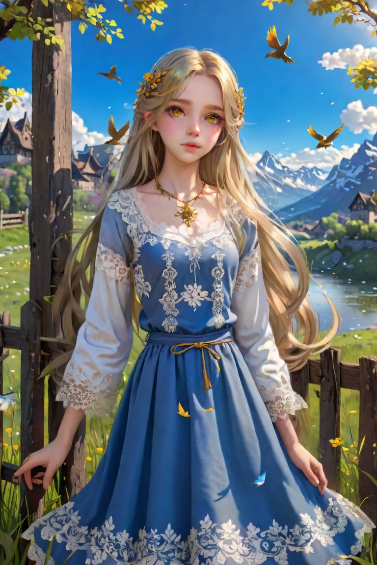 {masterpiece},{best quality},{1girl},Amazing,beautiful detailed eyes,solo,finely detail,Depth of field,extremely detailed CG,original, extremely detailed wallpaper,{{highly detailed skin}},{{messy_hair}},{small_breasts},{{longuette},{grassland},{yellow eyes},full body, incredibly_absurdres,{gold hair}.lace,floating hair,Large number of environments,the medieval ,grace,A girl leaned her hands against the fence,ultra-detailed,illustration, birds,Altocumulus,8kwallpaper,hair_hoop,long_hair,gem necklace,hair_ornament,prospect,water eyes,wind,breeze,god ray,lawn,Mountains and lakes in the distance,The skirt sways with the wind,The sun shines through the trees,A vast expanse of grassland,fence,Blue sky,bloom,smile,glow,The grass sways in the wind,<lora:659095807385103906:1.0>