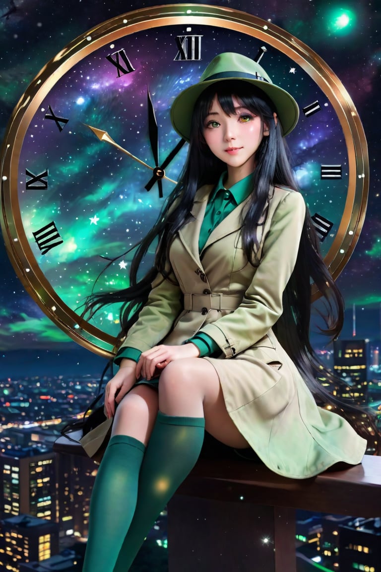 (masterpiece),best quality,highres,stunning art,beautifully painted,colorful,(rim light:1.2),4K wallpapper,fantasy,(panorama),(huge circular flowing round_ramed_clock background),through space,(huge circular flowing transparent hollow round_ramed_clock  on top:1.3),complete round_ramed_clock,(((circular surround floating cityscape landscape))),solo,1girl,slim,sitting_invisible_chair,gentle smile,(black thighhighs),long black hair,blunt bangs, green eyes,(khaki fedora), khaki coat,long light-green dress, light-greenshoes,space background,starry_sky,galaxy,red moon,<lora:659095807385103906:1.0>