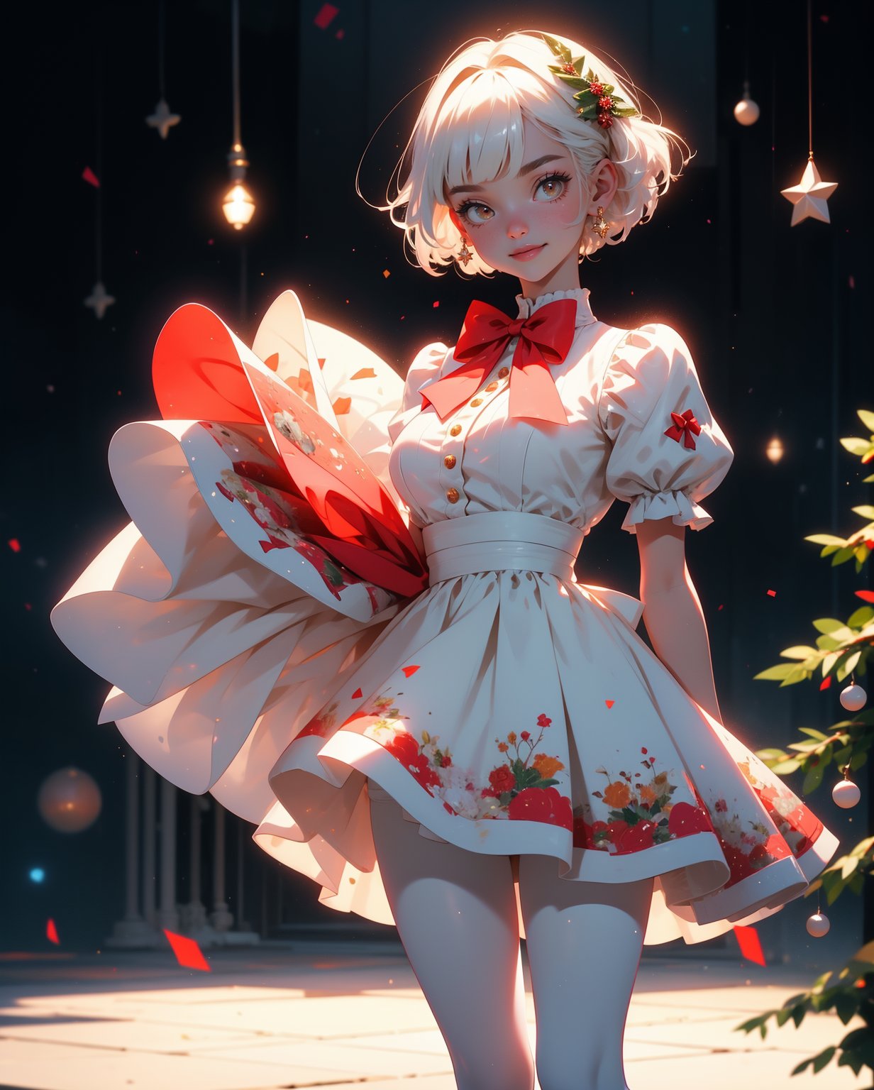 1girl,  21 years old woman,  big breasts,  solo,  dress,  short hair,  full body,  white hair,  bangs,  red nails,  white dress,  pantyhose,  smile,  bow,  blunt bangs,  gentle smile,  red footwear,  puffy sleeves,  white pantyhose,  white background,  standing,  standing on one leg,  red bow,  christmas,  skirt hold,  nail polish,  flower,  looking at viewer,  hair ornament,  bob cut,  merry christmas