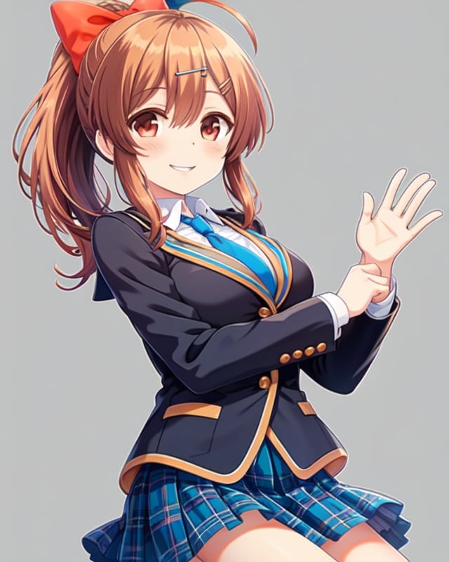 (masterpiece), best quality, ultra high resolution illustrations, extremely detailed, (perfect anatomy:1.2), detailed background, perfect lighting, (kawaii:1.2), (shiny eyes:1.2), nice hands, perfect hands, smooth line, vivid color, Sakurai Akane, GirlFriend BETA, orange eyes, brown hair, ahoge, hair bow, hair ornament, hair ribbon, hairclip, ponytail, (large breasts:1.0), BREAK school uniform, blazer, blue necktie, blue skirt, plaid skirt, BREAK, smile, classloom