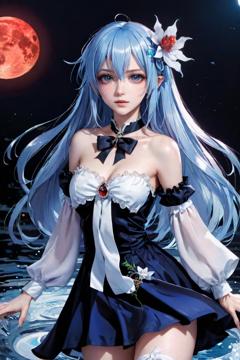 (((masterpiece))),best quality, illustration,beautiful detailed glow,detailed ice,beautiful detailed water,red moon, (magic circle:1,2), (beautiful detailed eyes),expressionless,beautiful detailed white gloves, own hands clasped, (floating palaces:1.1),azure hair,disheveled hair,long bangs, hairs between eyes, dark dress, (dark magician girl:1.1),black kneehighs, black ribbon,white bowties,midriff,{{{half closed eyes}}},,big forhead,blank stare,flower,large top sleeves,,<lora:659095807385103906:1.0>