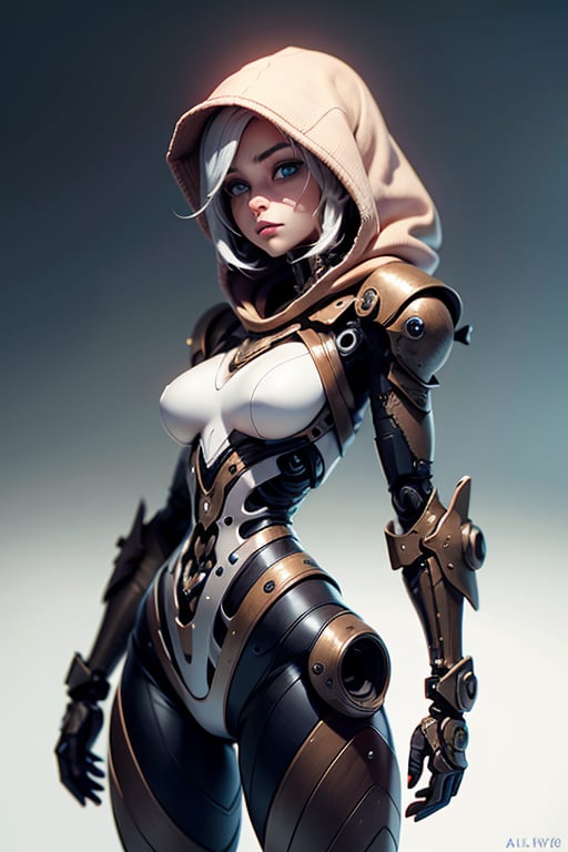 1girl,EA post apocalyptic portrait photo of a red hooded woman, (((front view))), blue eyes,beautiful female, beautiful face, biomechanical android with translucent lingerie armor,scientific illustration,white backgorund,alabaster skin,perfect face