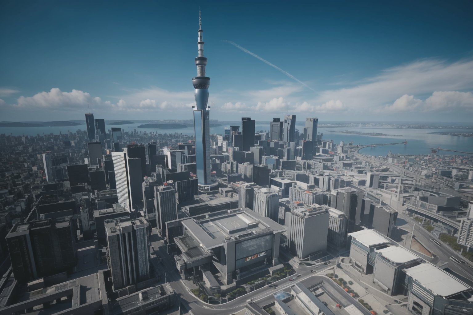 masterpiece,best quality,(futuristic city with sky tower flying over it:1.2),circular shapes,dark blue and Crystal,ue5,c4d,blender,oc rendering,