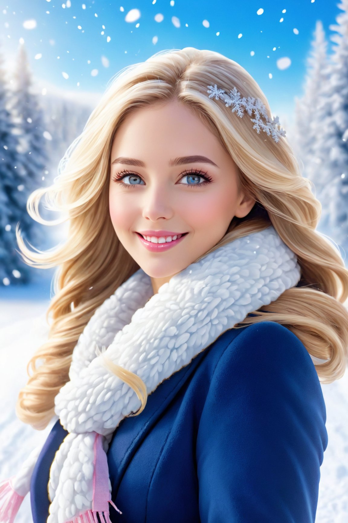 (best quality,  4k,  8k,  highres,  masterpiece:1.2),  ultra-detailed,  (realistic,  photorealistic,  photo-realistic:1.37),  portrait,  beautiful and smiling caucasian woman,  cinematic,  winter clothes,  Ondas e Nuances,  detailed symmetric hazel eyes,  circular iris,  vivid colors,  winter scenery,  soft snowflakes falling,  icy breath,  rosy cheeks,  pure white background,  subtle warm lighting,  innocence and radiance,  sparkling eyes,  joyful expression,  luxurious fur trim on the clothing,  frosty winter air,  subtle wind blowing through her hair,  subtle hint of pink in her lips,  elegant posture,  confident stance,  delicate snowflakes decorating her hair,  long flowing blonde hair,  wonder and serenity in her gaze,  captivating beauty,  snow-covered trees in the background,  peaceful and enchanting winter scene.