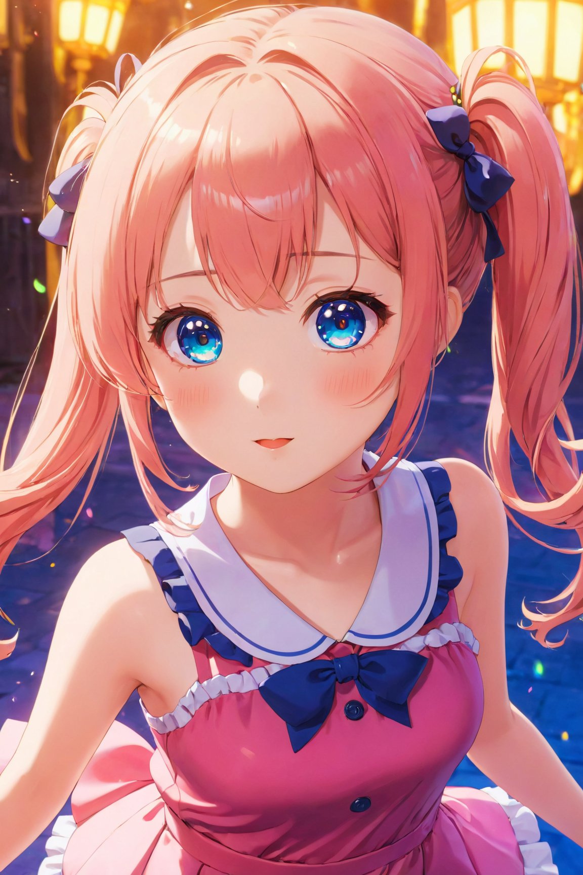 （best quality,4k,8k,highres,masterpiece:1.2),cute anime girl in a short crop dress,large bright eyes and rosy cheeks,twintails hairstyle,playful expression,vibrant colors,lively background,anime style,soft lighting