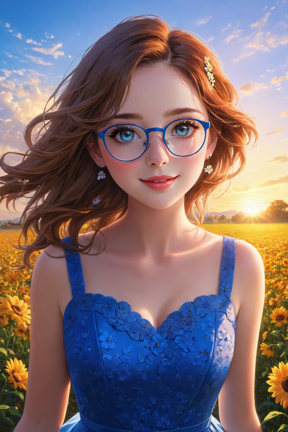 (best quality, highres, masterpiece:1.2), ultra-detailed, (realistic, photorealistic, photo-realistic:1.37), 1girl, intricate eyes, longeyelashes, beautiful detailed eyes, beautiful detailed lips, blue dress, happy, freckles, hair flower, earrings, glasses, flower field, blue sky, sunset, Cinematic light,