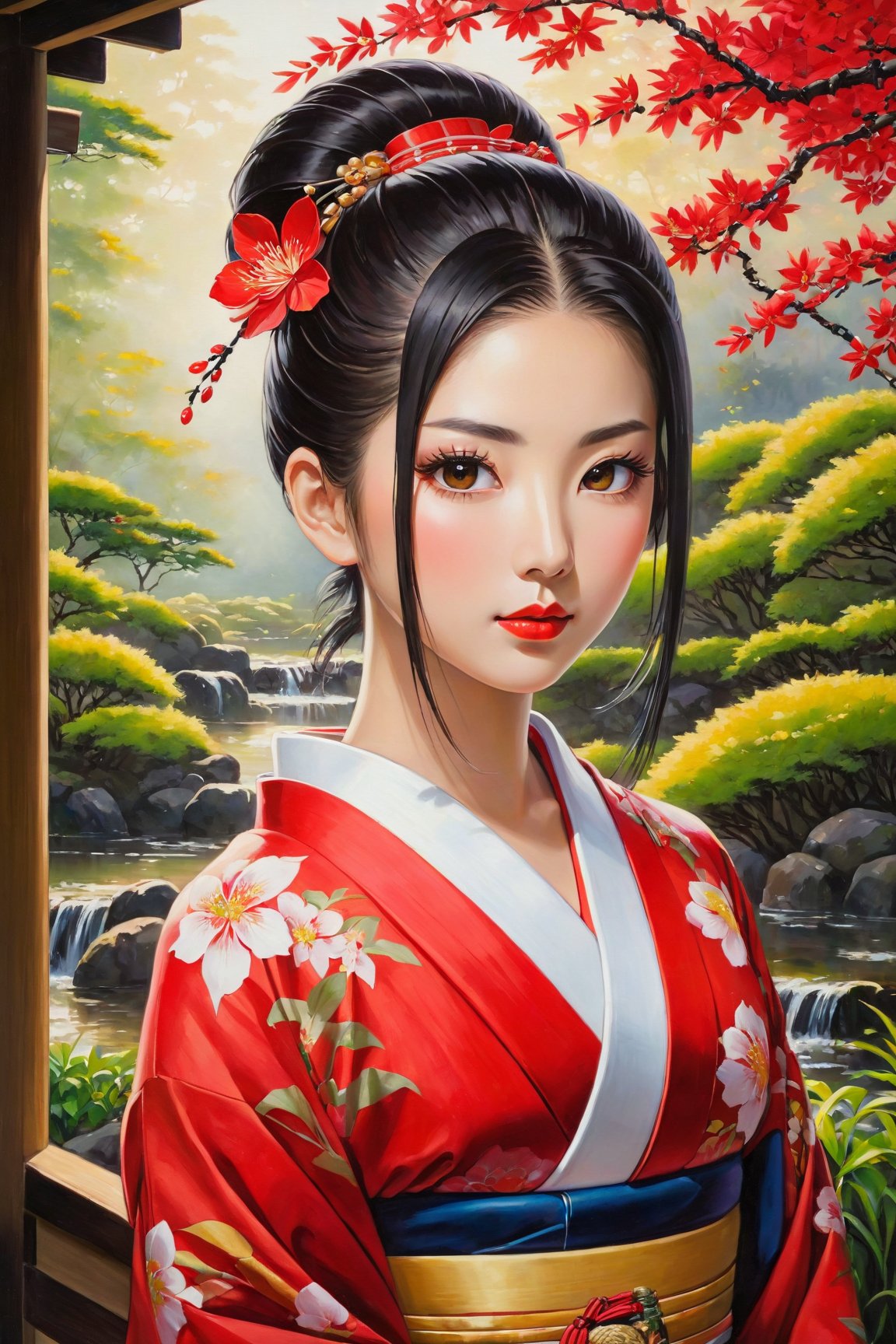 1girl, beautiful detailed eyes, beautiful detailed lips, extremely detailed eyebrows and face, long eyelashes, stripe bead necklace, black hair styled in a spiked ponytail, wearing a simple kimono with red open clothes. The artwork is created using oil paint on canvas, with high resolution and ultra-detailed brushstrokes. The painting showcases a picturesque garden scene with vibrant colors and vivid flowers in full bloom. The girl is depicted standing gracefully amidst the floral landscape, her posture conveying a sense of tranquility and elegance. The lighting in the painting is soft and ethereal, casting gentle shadows on the girl's face and adding depth to the overall composition. The color palette is dominated by various shades of red, creating a warm and inviting atmosphere. The art style blends elements of traditional Japanese art with a touch of contemporary flair, resulting in a captivating fusion of East-meets-West aesthetics.