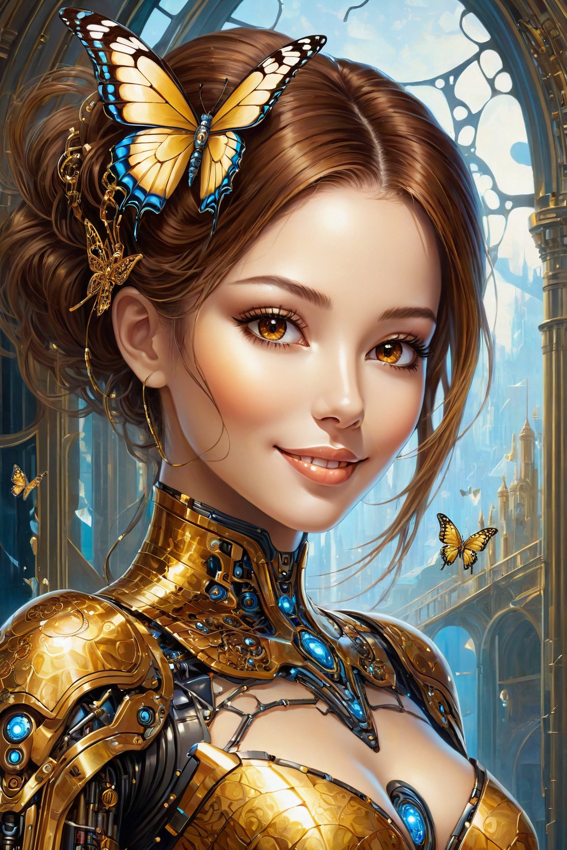 A (highly detailed, elegant) portrait that seamlessly combines elements of digital photography and surreal painting. The subject is a beautiful cyborg with (intricate, majestic) features and brown hair. cute smile, Her cybernetic enhancements are adorned with a (golden butterfly filigree) that adds an element of mystique. The scene is set against a backdrop of (broken glass), creating a unique and captivating blend of beauty and surrealism.