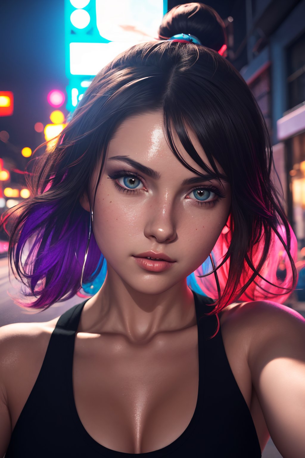 A woman, cute girl, cute face, Caucasian, neon, colorful jacket, shiny jacket, detailed face, badass, ponytail, twenty years old, brunette, tank top, looking at camera, toned body, fit, punk, streets, shiny ground, night, colorful neon background, 
hip cocked, demure, low cut, black lace, detailed skin, soft lighting, subsurface scattering, heavy shadow, masterpiece, best quality, 8k, golden ratio, Intricate, High Detail, ((sharp focus, detailed skin texture)), (blush:0.2), (goosebumps:0.3), subsurface scattering,