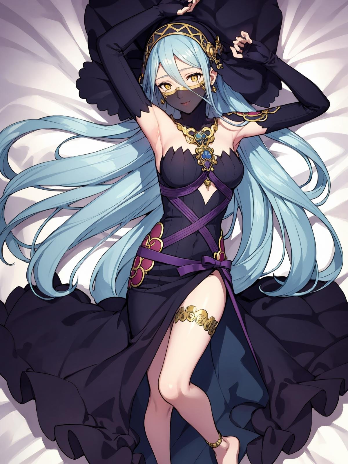 (extremely detailed CG), (best quality), 1girl, perfect face, absurdly long hair, bright pupils, (finely detailed beautiful eyes), yellow eyes, wide hips, narrow waist, AshuraPerformingArts, veil, (mouth veil:1.2), elbow gloves, fingerless gloves, dress, jewelry, necklace, single leg pantyhose, anklet, thighlet, full body, depth of field, barefoot, light smile, hand on chest, lying, from above, on bed, on back, closed mouth, <lora:AshuraPerformingArts:0.65>