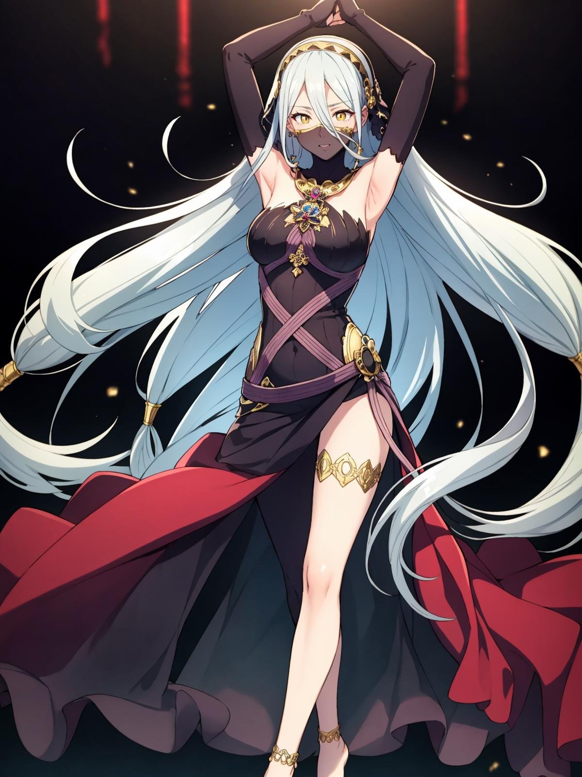 (extremely detailed CG), (best quality), 1girl, perfect face, absurdly long hair, bright pupils, (finely detailed beautiful eyes), yellow eyes, wide hips, narrow waist, AshuraPerformingArts, veil, (mouth veil:1.2), elbow gloves, fingerless gloves, dress, jewelry, necklace, single leg pantyhose, anklet, thighlet, black background, cinematic lights, full body, depth of field, barefoot, light smile, dancing, arms up, closed mouth,  <lora:AshuraPerformingArts:0.65>